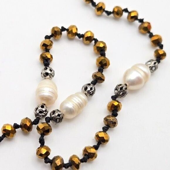 Zacasha Long Hand Knotted Goldtone and Genuine Baroque Pearl Beaded Necklace - Picture 2 of 3